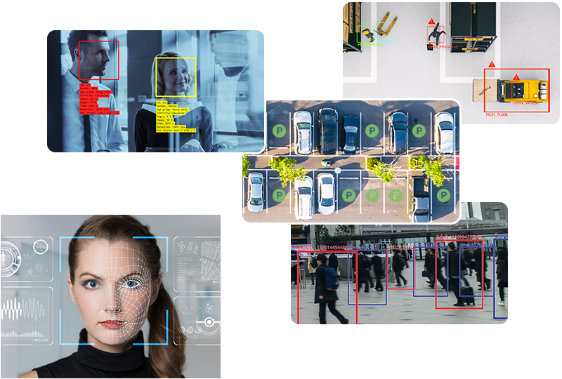 AI CAMERA の映像解析の例。人物の顔、店内の人の流れ、駐車場の車両を枠で検出している