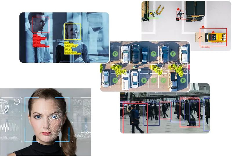 AI CAMERA の映像解析の例。人物の顔、店内の人の流れ、駐車場の車両を枠で検出している